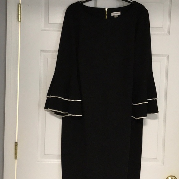 Calvin Klein Black Dress with Gold Zipper Pearl bell sleeve 42 inches long - Picture 1 of 4